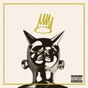 Album cover of Born Sinner: a gold crown above a horned figure on a cream background
